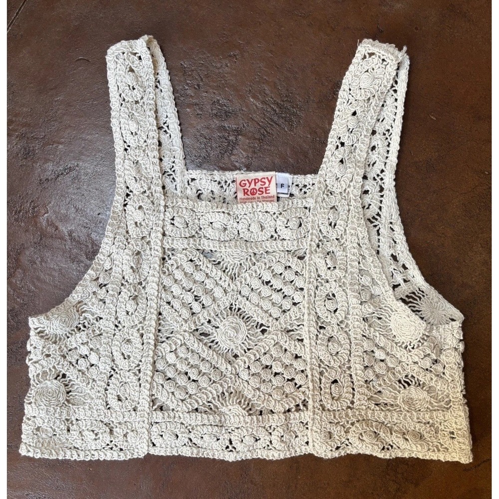 Gypsy Rose Crochet Crop Top Size Small Cotton Off White Hippie Beach Festival
